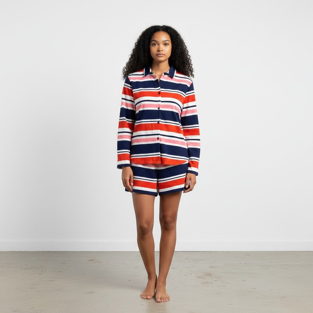 Kate Spade New York Womens Striped Pajama Set Navy Red Pink Small Long Sleeve